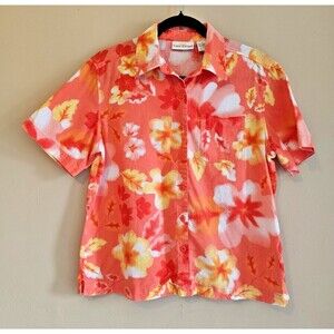 SUNBAY COTTONS Womens M Tropical Print Short-sleeve Woven Button-down Shirt